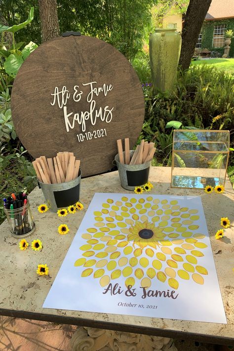 Western Wedding Sunflowers, Sunflower Burlap Wedding, Sunflower Gazebo Wedding, Sunflowers And Pumpkins Wedding, Sunflower Wedding Guest Book, Sunflower Wedding Decor Ideas, Emerald Sunflower Wedding, Sunflower Reception Decor, Pink Sunflower Wedding