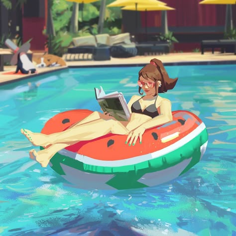 Atey Ghailan on Instagram: “Hey everyone! It's been really hot outside, so I decided to paint the gang relaxing by the pool. video process is up on youtube, link is in…” Swimming Pool Drawing, Atey Ghailan, Pool Artwork, Pool Drawing, Pool Paint, Summer Drawings, Pool Poses, Beach Drawing, Pool Art