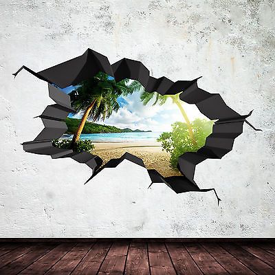 FULL COLOUR PARADISE BEECH OCEAN CAVE CRACKED 3D WALL ART STICKER DECAL MURAL 2 Tropical Wall Decals, Ocean Mural, Beach Room Decor, Colour Wall, 3d Wall Decals, Hostel Room, 3d Mural, Cracked Wall, Tree Decals