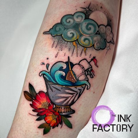 Terrific Tali creating a storm in a tea cup! Be sure to check out her talent @talimanriqueztattoo  Drop us a DM to get booked in with her!  #TheInkFactory #DublinTattoo #TeaCupTattoo #StormTattoo #Inked #ColourTattoo #Tattooed Tempest In A Teacup Tattoo, Tea Cup Tattoo Design, Tea Bag Tattoo, Teardrop Tattoo, Tea Cup Drawing, Phoenix Tattoo For Men, Teacup Tattoo, Storm Tattoo, Nurse Cartoon