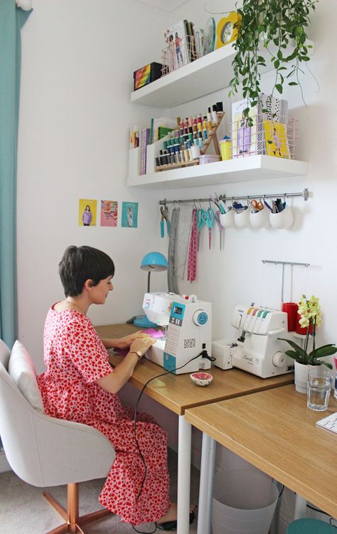 Sewing And Bedroom Ideas, Sewing In Bedroom, Home Sewing Studio Ideas, Sewing Storage Small Space, Small Sewing Space Organization, Sew Room Organization Ideas, Sewing Rooms In Small Spaces, Living Room Sewing Space, Small Sewing Space In Bedroom