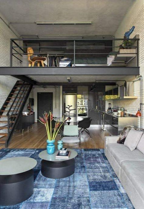 Loft Apartment Designs, Loft Apartment Decorating, Loft House Design, Condo Interior Design, Tiny House Interior Design, Loft Interior Design, Stair Railing Design, Bed Platform, Condo Interior