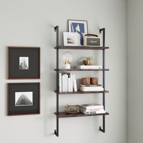 A space saver bookcase inspired by minimalist style. Combining function with design details, this floating shelving unit is an easy way to display your collectibles while adding interest and open airy shape to any room. Create a personal archive on these simple, solid open-design shelves that can easily transition from living room, to dining room, to home office. 30" wide floating bookcase, with key hole wall mount construction for easy hanging. Hallway Alcove Ideas, Hallway Alcove, Bentley Interior, Living Room Shelving, Mid Century Modern Renovation, Alcove Ideas, New Home Decorating Ideas, Standing Bookshelf, Office Shed