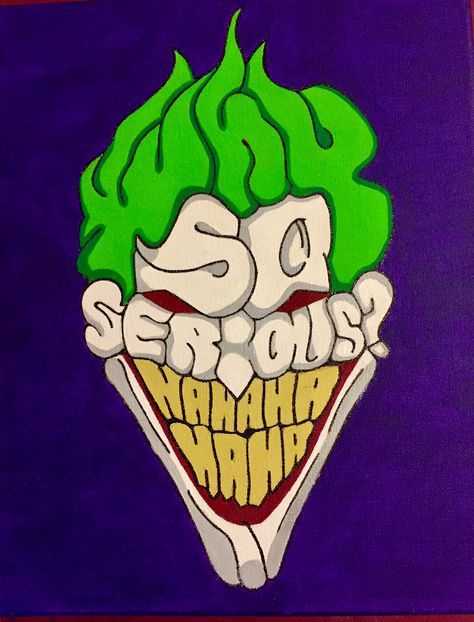 #joker #art #artwork  #canvas #painting #whysoserious The Joker Graffiti, Joker Paintings Easy, Dc Canvas Painting, Chucky Painting Canvas, Joker Painting Easy, Hulk Canvas Painting, Joker Canvas Painting, Cartoon Paintings Easy Canvas, The Joker Painting