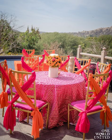 Bringing alive a festive reverence with shades of tangerine and fuschia fused together on a sunny afternoon. 📞 097995 35809 📩 oneworldunitedoffice@gmail.com #wedding #weddingdecor #eventmanagement #decor #indianweddings #florals #eventdecor #weddingday #mehndifunction #mehendiceremony #mehendidecor #vibrantmehendidecor #floralarrangement #floaldecor #mehendievent #eventplanner #mehendisetup Haldi Stage Decor, Bollywood Night, Tangerine Wedding, Events Decorations, Mehndi Function, Haldi Decor, Diwali Cards, Night Theme, Mandap Decor