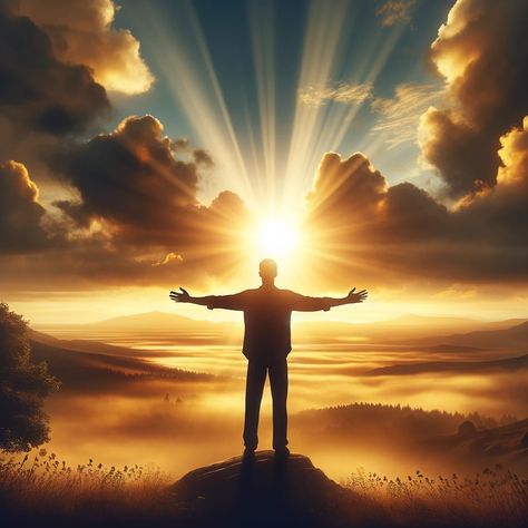 A serene landscape at sunrise, symbolizing peace and new beginnings. In the foreground, a solitary man stands with his arms spread wide, facing the rising sun. The sun's rays break through the clouds, casting a warm, golden light over the landscape. The man's posture and the sunrise symbolize feeling uplifted and rejuvenated by biblical affirmations. Sun Rise Background, Sun Rise Pictures Mornings, Happy People Pictures, Affirmations For Him, Rising Sun Wallpaper, Break Through, Serene Wallpaper, Spiritual Morning, Spiritual Man