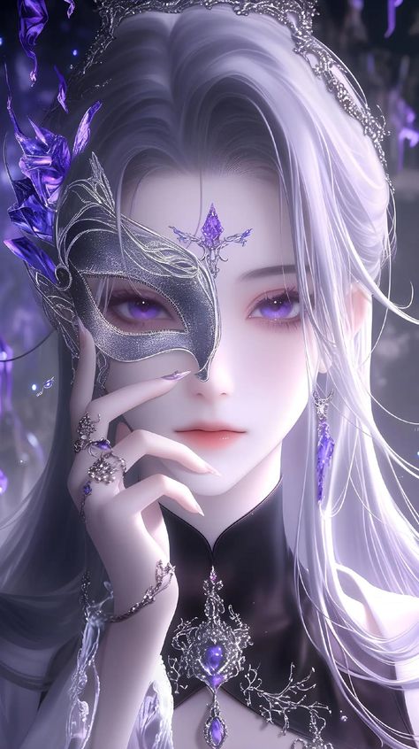 White Hair Purple Eyes, Anime Palace, Purple Elf, Masked Girl, Night Landscape Photography, Tipografi 3d, Disney Frozen Elsa Art, Cool Anime Backgrounds, Mask Girl