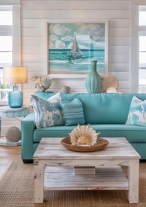 Tropical Beach Decor, Turquoise Living Room, Coastal Living Rooms Ideas, Colorful Beach House Decor, Coastal Cottage Living Room, Beachy Living Room, Decorating Your Living Room, Living Rooms Ideas, Turquoise Living Room Decor