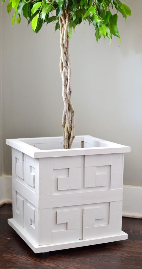 DIY Greek Key Planter Greek Furniture, Greek Key Bathroom Floor, Greek Key Bedding, Greek Key Pattern Furniture, Greek Interior Design, Greek Key Pattern Bedding, Greek Key Tile Border, Etched Glass Windows, Greek Decor