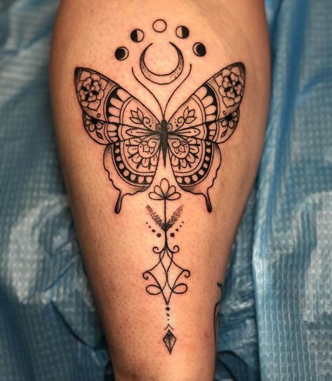 Mom Daughters Tattoo Design, Moon Phase Mandala Tattoo, Butterfly And Moon Phases Tattoo, Butterfly With Moon Phases Tattoo, Moon Phase Leg Tattoo, Moon Phase Butterfly Tattoo, Dreamcatcher Hand Tattoo, Butterfly Moon Phases Tattoo, Big Butterfly Tattoo On Back