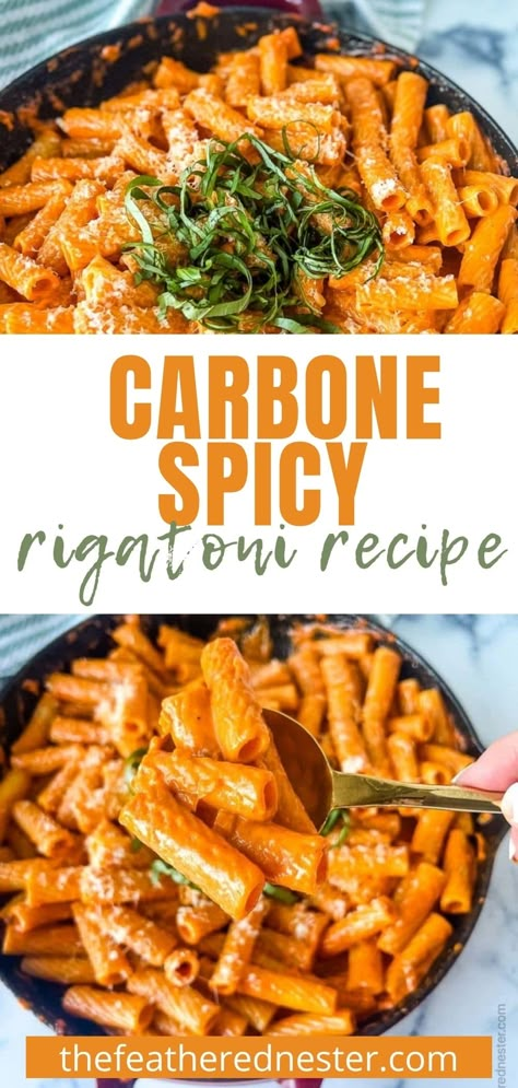 Carbone Spicy Rigatoni Recipe - This copycat Carbone Vodka Sauce is the absolute best pasta sauce you have ever had! Everyone will love how the spiciness is softened by the rich creamy smooth sauce. It coats the rigatoni pasta perfectly for the ultimate in Carbone Spicy Rigatoni. Be sure to have plenty of grated Parmesan-Reggiano on hand because it's the perfect topping for this delicious pasta recipe. | The Feathered Nester You Won’t Be Single For Long Pasta, Creamy Arrabiata Sauce, Spicy Bolognese Pasta, Spicy Italian Recipes, Rigatoni Recipes Vegan, Rigatoni Pasta Recipes Vegetarian, One Pot Spicy Rigatoni, Healthy Rigatoni Pasta Recipes, Spicy Rigatoni Pasta Bucca