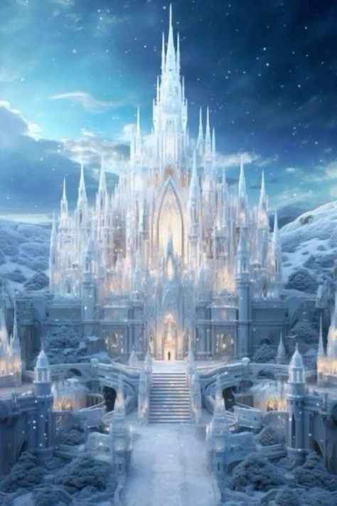 Ice Village Fantasy Art, Fantasy Snow City, Fantasy Winter City, Ice Kingdom Fantasy Art, Ethereal City, Winter Castle, Snow Castle, Castle House Design, Ice Castle