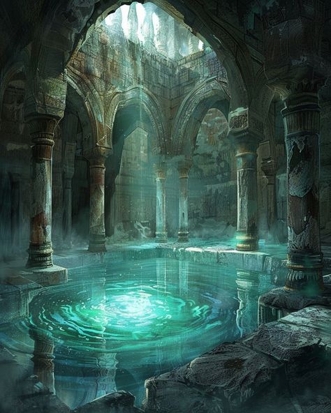 Different Fantasy Aesthetics, Underwater Ruins Aesthetic, Dark Underwater Fantasy Art, The Round Table, Fantasy Ocean Kingdom, Underwater Civilization Concept Art, Water Fantasy Aesthetic, Sea Fantasy Aesthetic, Water Fantasy World