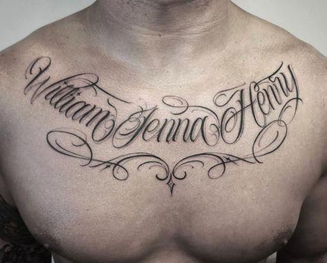 Chest Tattoo Name, Chest Tattoo Writing, Chest Tattoo Fonts, Chest Tattoo Lettering, Tattoo Name Fonts, Tattoo Font For Men, Tattoos About Growth, Magic Tattoo Ideas, Tattoos Cross