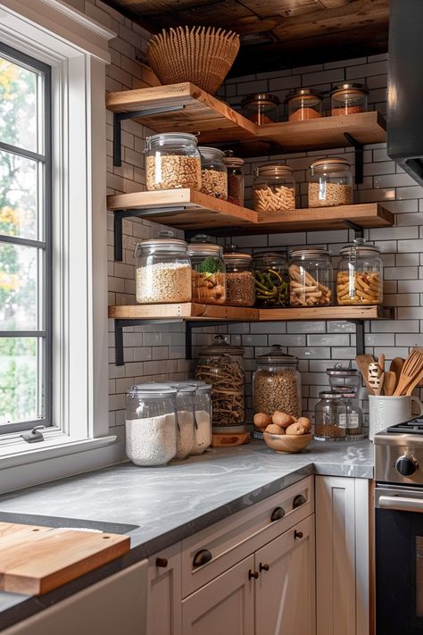 Find inspiration for your farmhouse kitchen with 40 floating shelf ideas that blend style and practicality with rustic flair. #KitchenInspirations #FarmhouseKitchen #FloatingShelves Open Shelving For Kitchen, Kitchen Ideas With Shelves, Kitchen Rustic Farmhouse, Floating Shelves Kitchen Ideas, Farmhouse Kitchen Floating Shelves, Kitchen With Floating Shelves, Shelf In Kitchen, Kitchen Floating Shelf, Rustic Shelves Kitchen