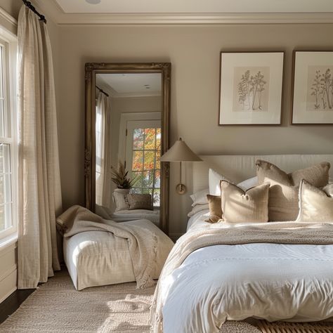 beige bedroom with a mirror Taupe Cream Bedroom, Tan Room With Accent Wall, Bedroom With Taupe Walls, Accesible Beige Bedroom, Neutral Bedroom Earth Tones, Neutral Bedroom With Colorful Accents, Sand Walls Bedroom, Beige Paint Bedroom Ideas, Beige Color Drenched Room