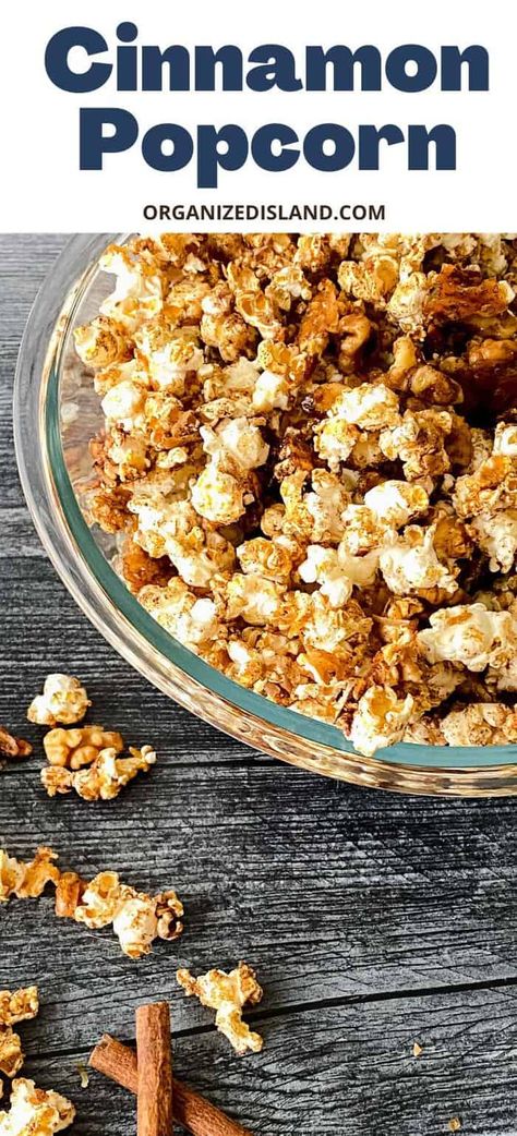 This homemade Cinnamon Popcorn is the perfect treat to make for your next party, snow day, or game night. Sweet and Salty Snack. Sweet And Salty Popcorn, Cinnamon Popcorn, Salty Popcorn, Sweet Popcorn, Cereal Snacks, Foods Recipes, Chocolate Bark, Salty Snacks, Homemade Snacks