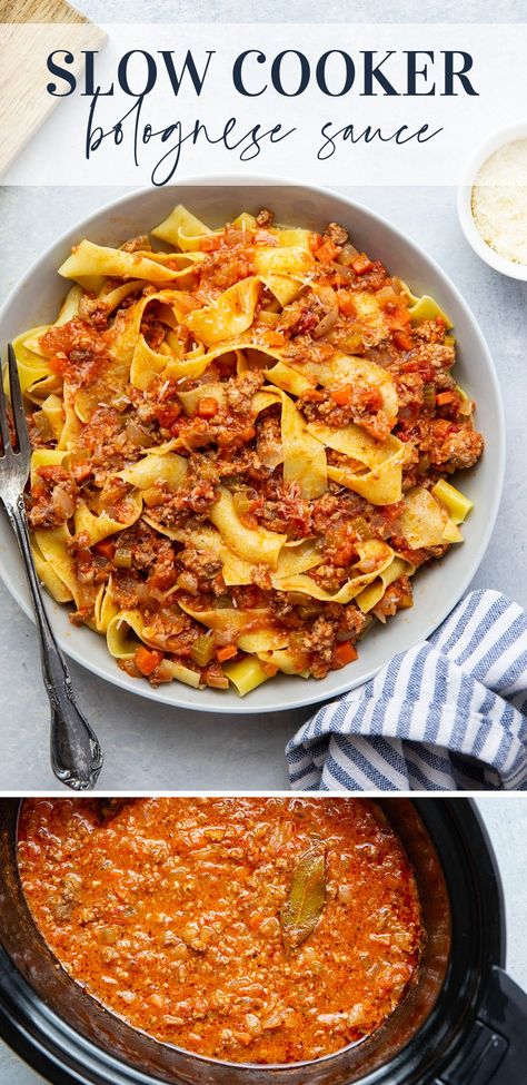 This slow cooker Bolognese features tender browned meat in a rich tomato sauce that's slow cooked for hours to build flavor. Toss this hearty sauce with tender pappardelle pasta and top with fresh Parmesan. Crock Pot Bolognese, Bolognese Sauce Authentic Slow Cooker, Slow Cooker Bolognese Recipe, Crock Pot Bolognese Sauce, Slow Cooker Spaghetti Bolognese, Bolognese Sauce Crockpot, Slow Cooker Italian Recipes, Crockpot Bolognese Sauce, Pasta Sauce Crockpot