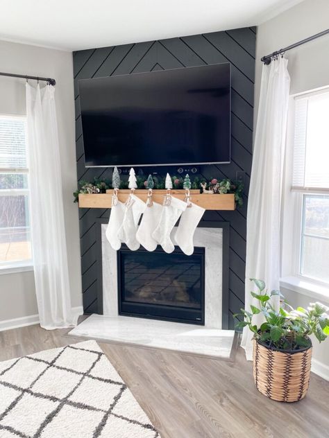 Fireplace Accent Wall Transformation » Tv Accent Wall With Mantle, Diy Herringbone Fireplace, Fireplace With Feature Wall, Shiplap Herringbone Fireplace, Panelling On Fireplace Wall, Wood Accent Wall With Fireplace, Fireplace Pop Out Wall, Black Fireplace Accent Wall, Wood Accent Wall Fireplace