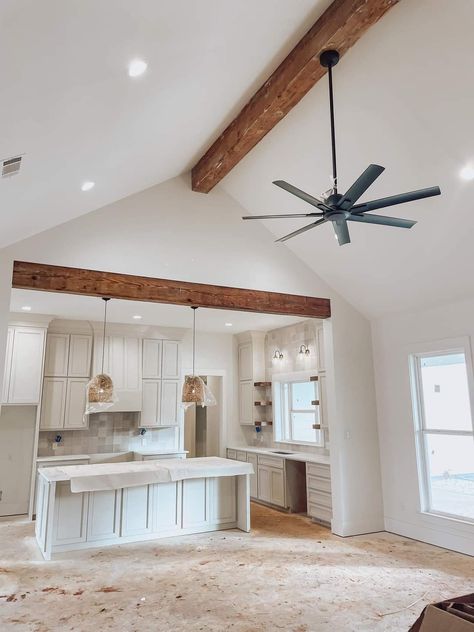 Fake Beams On Ceiling Kitchens, Vaulted Ceiling To Flat Ceiling, Wood Beams On Low Ceiling Living Room, Vaulted Ceiling With Ceiling Fan, Beams Between Rooms, Cathedral Ceiling Beam Ideas, Slant Ceiling Kitchen, High Vaulted Ceiling Kitchen, Partial Vaulted Ceiling Kitchen