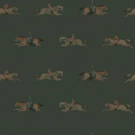 Immerse yourself in the tranquillity of the great outdoors with our At The Races wallpaper in pine green, a masterpiece from the Balmoral collection. This stunning horse wallpaper transports you to lush country meadows, where a repeating pattern of people horseback riding captures the essence of rustic, traditional charm. The deep pine green background sets the stage for a symphony of movement as the horses gracefully canter in unison. With this wallpaper, your space will exude a timeless and en European Wallpaper Aesthetic, Wallpaper For Mountain House, Polo Wallpaper, Ralph Lauren Wallpaper, Equestrian Wallpaper, Kid Wallpaper, Baby Boy Nursery Wallpaper, Timeless Wallpaper, Wallpaper On Ceiling