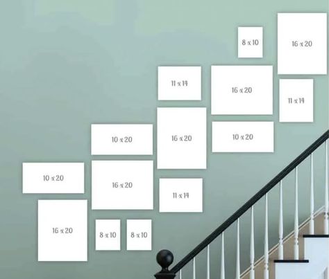 Staircase Frames Layout Stairway Photos, Family Photo Gallery Wall Stairway, Gallery Wall Layout With Sizes Stairs, Picture Collage On Stair Wall, Pictures For Stairs Wall, Collage Staircase Wall, Staircase Collage Wall Frame Layout, How To Place Photos On The Wall, Stair Photo Collage