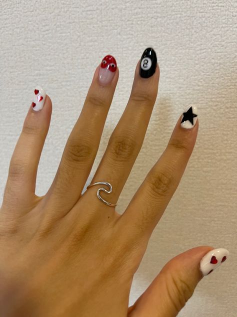 #nails #nailart #nailideas #nailinspiration #heartnails #starnails #blacknails #rednails #whitenails #8ball Red 8 Ball Nails, Magic 8 Ball Nails, Pool Ball Nails, Zach Bryan Nails, Eight Ball Nails, 8ball Nails, Nail Inspo Nail Art, Ball Nails, Pool Nails