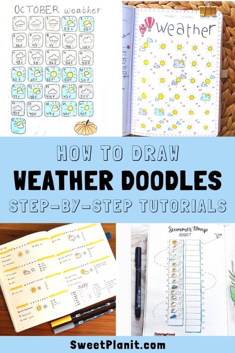 Create weather icons for your planner or bullet journal! Learn how to draw weather doodles with step-by-step videos as well as lots of bujo inspiration. #weather #icons #bulletjournal #bulletjournaling #doodles #howtodraw Weather Doodles, Planner Layout Templates, Kawaii Weather, Year In Pixels, Doodle Notes, Weather Icons, Doodle Ideas, Journal Spreads, Planner Decorating