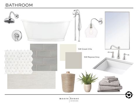 Heres a timeless, spa-like bathroom design for you to shop from Moore House Interiors! Soft gray hues with polished chrome fixtures make a serene space in any home. Modern Bathroom With Chrome Fixtures, White Bathroom With Chrome Fixtures, Bathroom Nickel Fixtures, Bathroom Ideas With Chrome Fixtures, Bathroom Ideas Chrome Fixtures, Bathroom Silver Fixtures, Brush Nickel Bathroom Fixtures, Simple Neutral Bathroom, Bathroom With Silver Fixtures