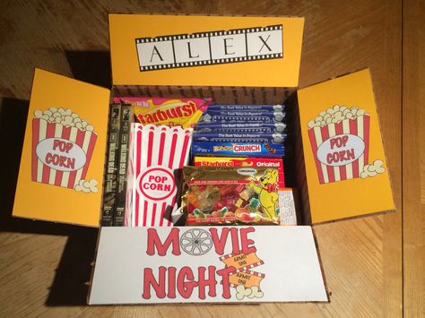 Movie Night care package Family Movie Night Printables, Family Movie Night Basket, Movie Night Package, Movie Night Bucket, Best Romance Movies, Family Movie Night Gift, Movie Night Printables, Date Night Basket, Movie Night Box