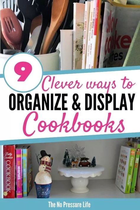 Books In Kitchen Ideas, Kitchen Cookbook Storage Ideas, Cookbooks Above Fridge, Cook Book Storage Ideas Kitchens, Recipe Book Storage Ideas Kitchens, Cookbook Organization Ideas, How To Display Cookbooks, Kitchen Bookshelf Ideas Cookbook Shelf, Displaying Cookbooks In Kitchen