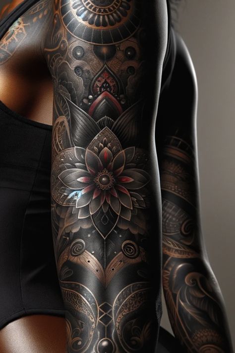 39 Female Sleeve Tattoos The Ultimate Collection That'll Inspire Women Black Sleeve Tattoo, Big Cover Up Tattoos For Women Arm, Geometric Tattoo Half Sleeve, Female Sleeve Tattoos, Mountain Sleeve Tattoo, Growth Tattoos, Fighter Tattoos, Arm Cover Up Tattoos, Tattoo Nightmares