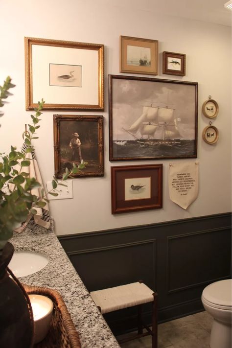 White Sails curated on LTK Thrifted Bathroom, Gallery Wall Stairs, Wall Stairs, Bathroom Gallery Wall, Pic Collage, Bathroom Gallery, Bathroom Artwork, Collage Picture Frames, Boys Bathroom