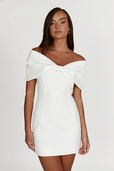 Gwyneth Off Shoulder Bow Mini Dress - White - MESHKI U.S Off-shoulder Strapless Dress For Wedding With Fitted Bodice, White Off Shoulder Party Dress With Straight Neckline, White Off Shoulder Dress With Straight Neckline For Party, Wedding Dress With Fitted Bodice And Boat Neck, White Fitted Boat Neck Dress, Fitted Off-shoulder Wedding Dress, Elegant White Off Shoulder Dress For Evening, Elegant Strapless Off Shoulder Dress For Wedding, Elegant White Off Shoulder Party Dress