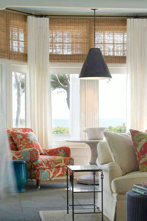 matchstick blinds with white linen drapes | perfect for a beach home Wooden Blinds Living Room, Wood Blinds Living Room, White Wood Blinds, Matchstick Blinds, Upper Window, Curtain Inspiration, Creek House, Types Of Window Treatments, Woven Wood Shades