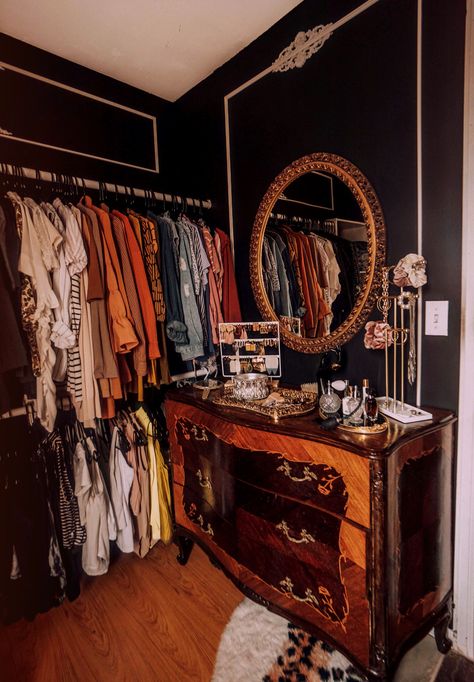 Arianna Danielson, Witchy Closet, Witchy Interior, Hollywood Penthouse, Moody Maximalism, Closet Dressing Room, Closet Interior, Vintage Moodboard, White Molding