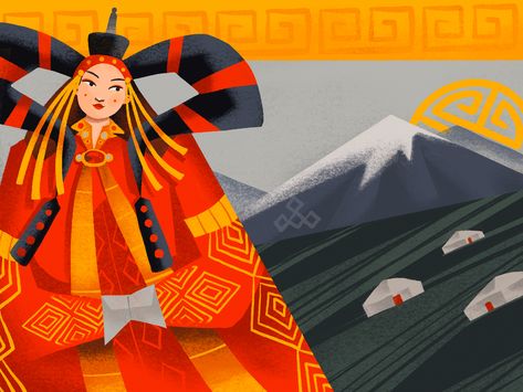 Mongolia Illustration, Mongolia Art, Mongolian Art, People Illustrations, Ethnic Beauty, Color Vibe, Custom Book Covers, Art Of Love, Website Illustration