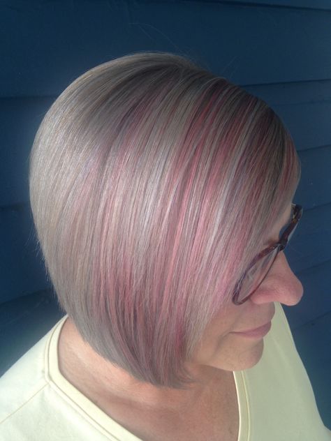 Candy Pink Highlights, Silver Grey Hair Wednesday Haircut, Grey Hair With Pink Highlights, Grey Hair Modern, Hair With Pink Highlights, Pink Hair Highlights, Pink Hair Streaks, Purple Grey Hair, Highlights Silver, Grey Hair Color Silver