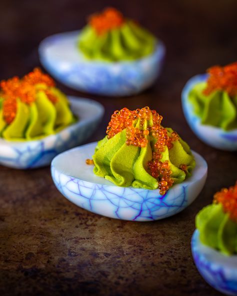 Deviled Eggs With Avocado, Eggs With Avocado, Halloween Deviled Eggs, Fish Roe, Halloween Menu, Food Dye, Snacks Für Party, Deviled Eggs, Food Plating