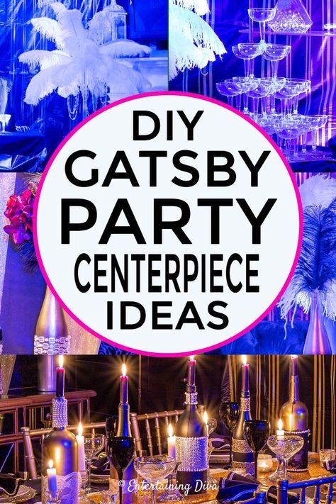 Add elegance and glamour to your Gatsby wedding or roaring 20s party decor with these easy to make DIY Great Gatsby centerpieces. #entertainingdiva #roaring20s #gatsbywedding #centerpieces #partydecor #diypartydecor Diy Gatsby Party, Gatsby Party Centerpieces, Great Gatsby Centerpieces, 20s Party Decor, Gatsby Centerpieces, Champagne Glass Tower, Feather Centerpiece Wedding, Harlem Nights Theme, 20s Party Decorations