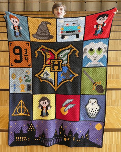 28 of the Best Corner-to-Corner Crochet C2C Blankets - This Pixie Creates Harry Potter Crochet Afghan, Harry Potter Afghan Crochet, Harry Potter C2c Blanket, Harry Potter Crochet C2c, Harry Potter Knitted Blanket, Harry Potter Blanket Knit, Harry Potter C2c Crochet Pattern, Harry Potter Blanket Pattern, Crochet Blanket Harry Potter