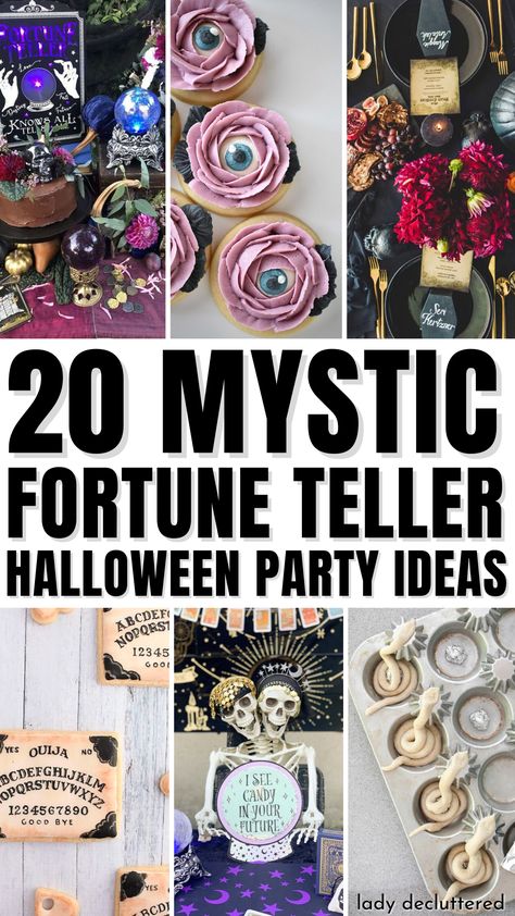 20 Mystic Fortune Teller Halloween Party Ideas Psychic Party Food Ideas, Fortune Teller Skeleton, Crystal Ball Theme Party Ideas, Romani Fortune Teller, Fortune Teller Halloween Scene, Halloween Crystal Ball Decor, Psychic Party Decorations, Tarot Card Decoration, Tarot Halloween Party