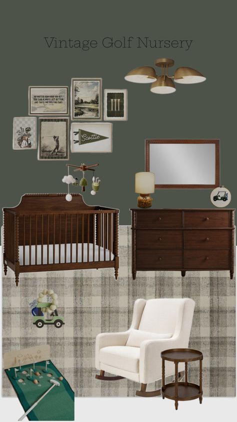 Golf themed nursery, vintage golf, baby boy nursery, green nursery Ralph Lauren Nursery, Vintage Nursery Boy, Golf Nursery, Green Nursery Boy, Classic American Home, Baby Boys Nursery, Golf Room, Room Boy, Nursery Decor Inspiration