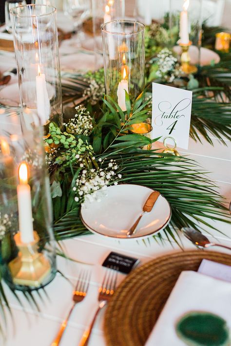 Tropical Outdoor Table Setting, Tropical Table Runner Wedding, Tropical Wedding Table Numbers, Greenery Table Setting, Nobu Cabo, Greenery Table Decor, Greenery Tablescape, Bahamian Wedding, Tropical Table Setting