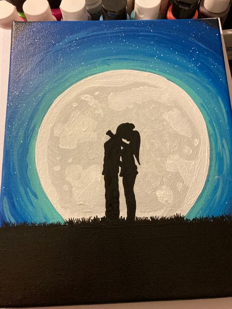 Diy Love Painting On Canvas, Soulmate Canvas Painting, Sillouette Painting Couple Kissing, Acrylic Painting Ideas For Boyfriend, Couple Shadow Painting, Couple Silhouette Art Love, Love Painting Ideas For Him, Couple Silhouette Painting, Cute Couple Painting Ideas Easy