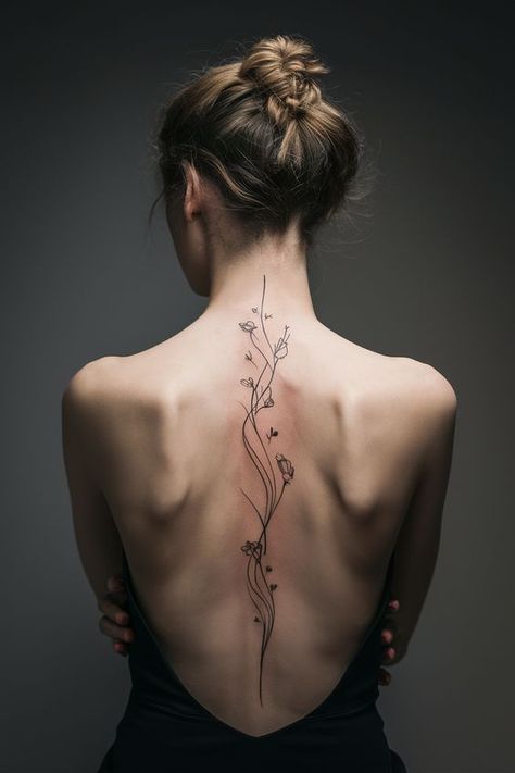 Spine Tattoos Elegant, Spine Tattoo Women Unique, Spine Tattoo Of Spine, Back Tattoo For Women Elegant, Delicate Floral Back Tattoo, Dark Theme Tattoo Ideas, Women Spine Tattoo Ideas Design, Meaningful Neck Tattoos Women, Tattoo For Spine