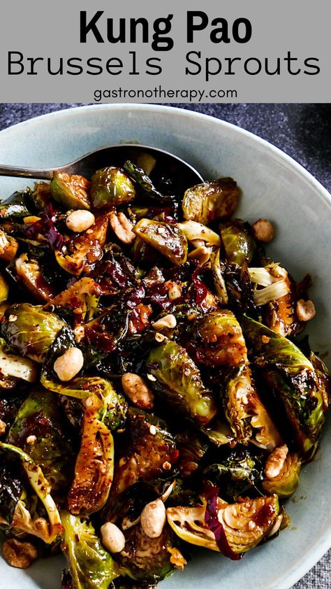 Kung Pao Brussels sprouts arranged in a bowl. Brussell Sprouts Recipes, Sweet Chili Brussel Sprouts, Kung Pao Brussel Sprouts, Asian Brussel Sprouts, Brussel Sprout Recipes, Ozempic Diet, Brussel Sprouts Recipes Easy, Spicy Chili Sauce, Earth Food