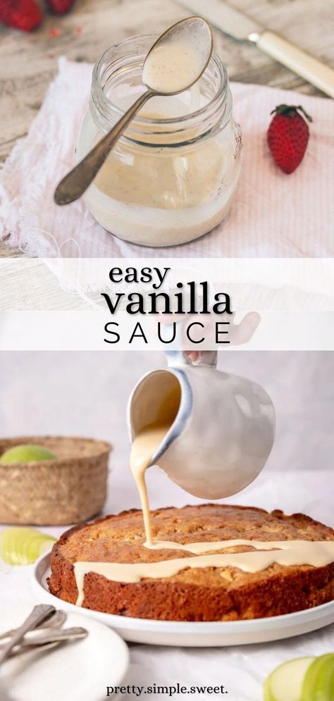 This is the easiest vanilla sauce recipe ever (and the best vanilla sauce recipe too!)! It contains only 3 ingredients and goes perfectly on just about anything sweet! | vanilla sauce for bread pudding simple | vanilla sauce recipe simple | vanilla sauce for cake | heavy cream vanilla sauce | vanilla sauce with heavy cream | easy vanilla sauce recipe | easy vanilla cream sauce Cake Sauce, Sauce For Cake, Vanilla Sauce Recipe, Vanilla Cream Sauce, Vanilla Sauce For Cake, Easy Vanilla Sauce, Sweet Cream Sauce, Cream Anglaise Sauce, Vanilla Cream Sauce For Bread Pudding