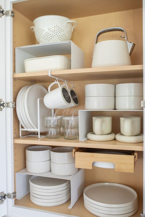 Five Kitchen Cabinet Organization Ideas - Teresa Caruso Dinnerware Cabinet Organization, Kitchen Cabinets Dishes Organization, Kitchen Organization Minimalist, Cabinet Organization Kitchen Dishes, Organized Cabinets Kitchen, Best Way To Organize Kitchen Cabinets, Plate Organization Cabinets, Dish Cabinet Organization, Minimalist Kitchen Organization Ideas