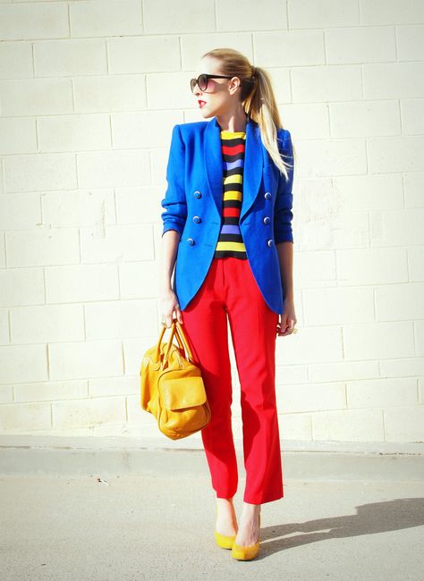 Love this color-block outfit from B. Jones Style Blue Pants Outfit, Neon Prom Dresses, Color Outfits, Color Blocking Outfits, Color Combinations For Clothes, Look Rock, New Years Dress, Ranveer Singh, Red Pants